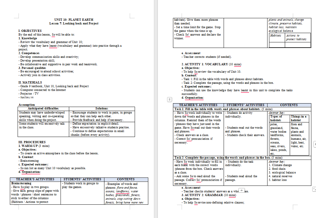 Giáo án Tiếng Anh 9 Unit 10: Looking Back
