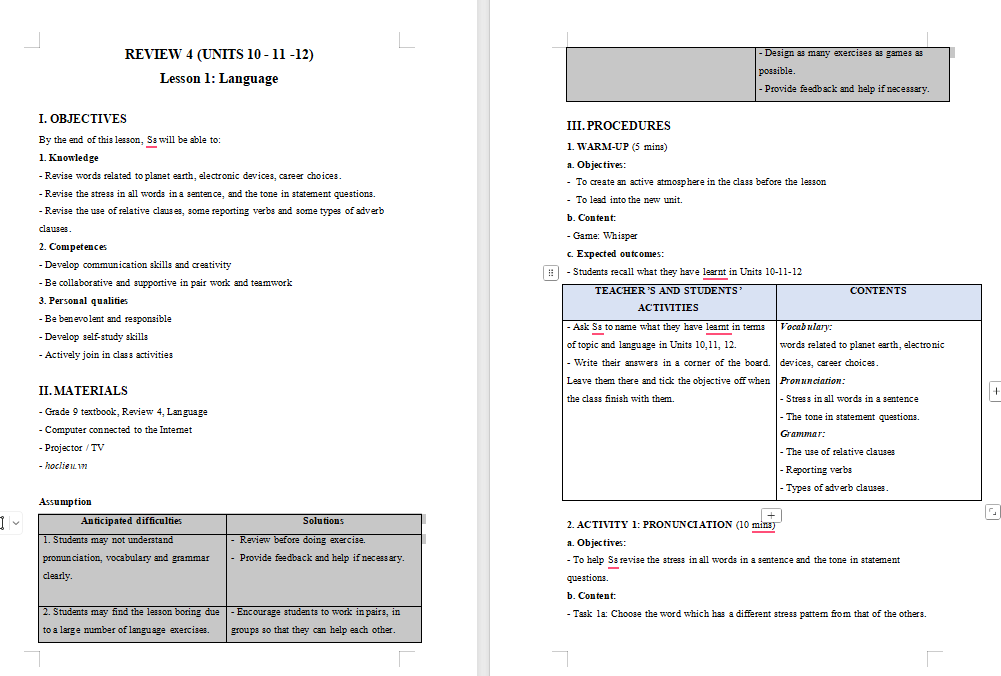 Giáo án Tiếng Anh 9 Review 4: Language