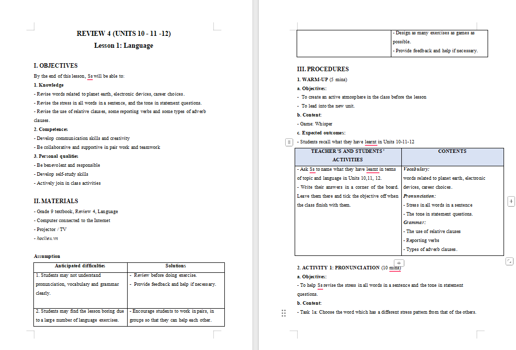 Giáo án Tiếng Anh 9 Review 4: Skills