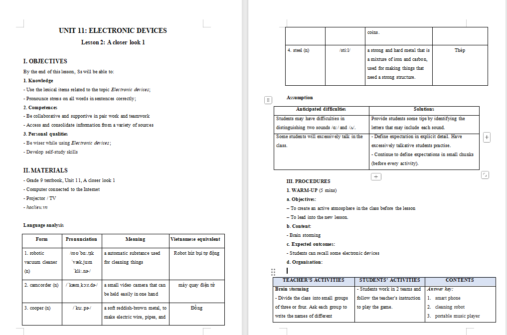 Giáo án Tiếng Anh 9 Unit 11: A Closer Look 1