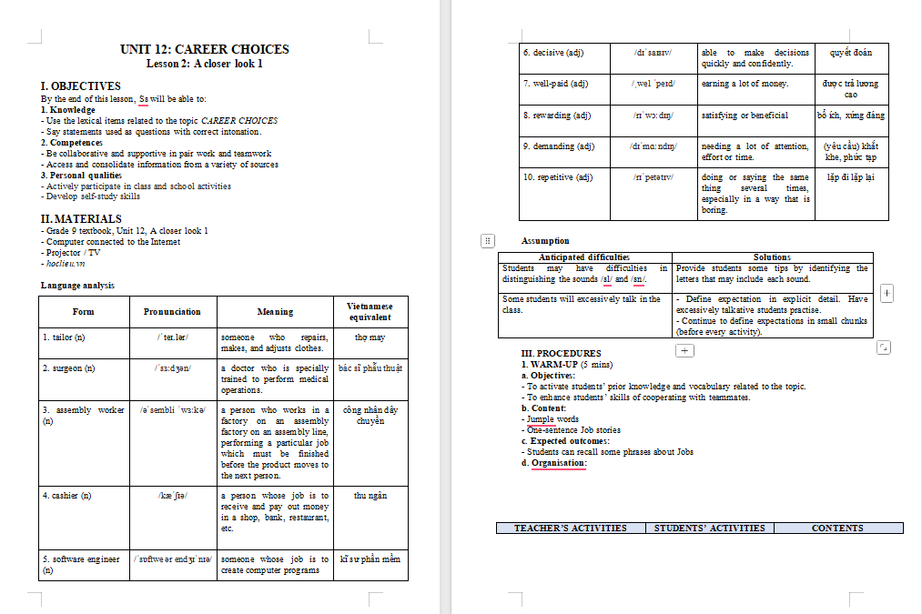 Giáo án Tiếng Anh 9 Unit 12: A Closer Look 1