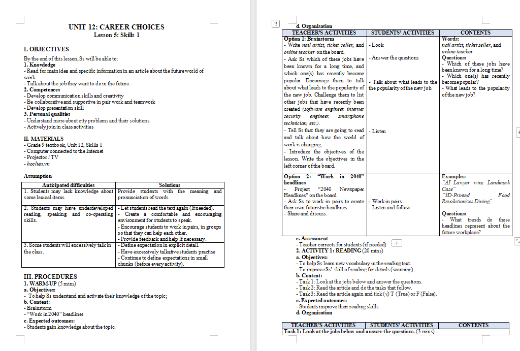 Giáo án Tiếng Anh 9 Unit 12: Skills 1