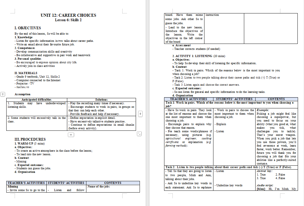 Giáo án Tiếng Anh 9 Unit 12: Skills 2