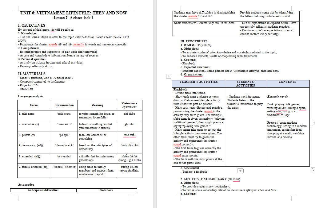 Giáo án Tiếng Anh 9 Unit 6: A Closer Look 1