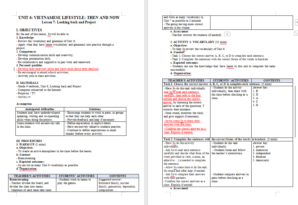 Giáo án Tiếng Anh 9 Unit 6: Looking Back