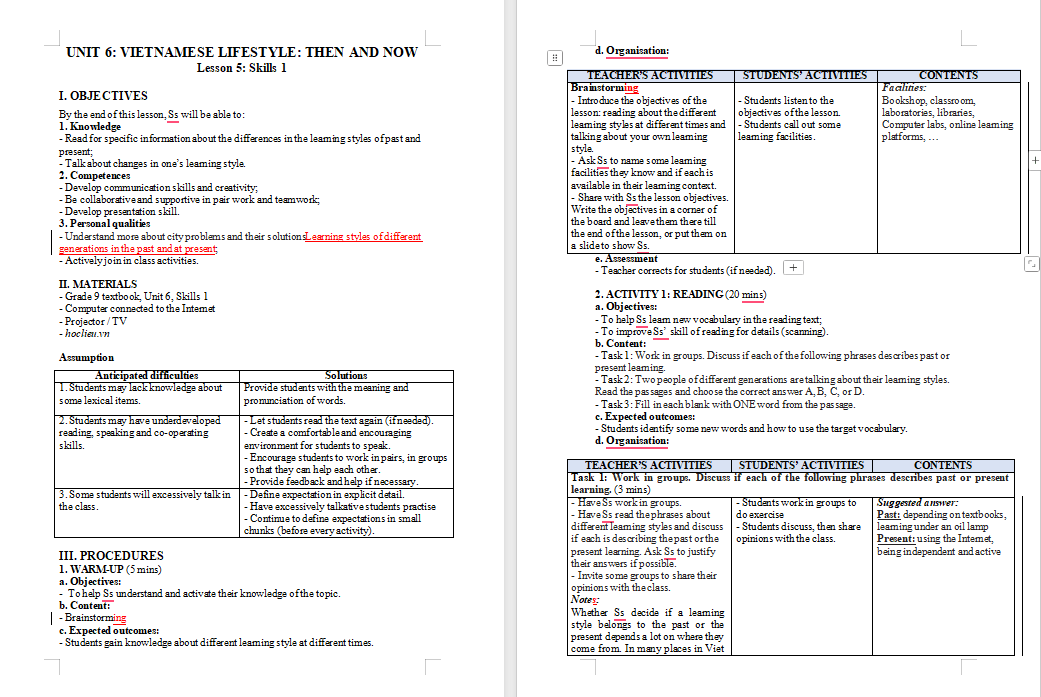 Giáo án Tiếng Anh 9 Unit 6: Skills 1