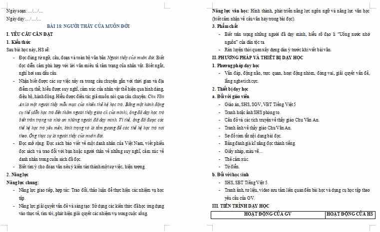 Giáo án Tiếng Việt lớp 5 Bài 18: Người thầy của muôn đời