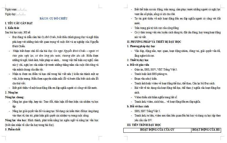 Giáo án Tiếng Việt lớp 5 Bài 20: Cụ Đồ Chiểu