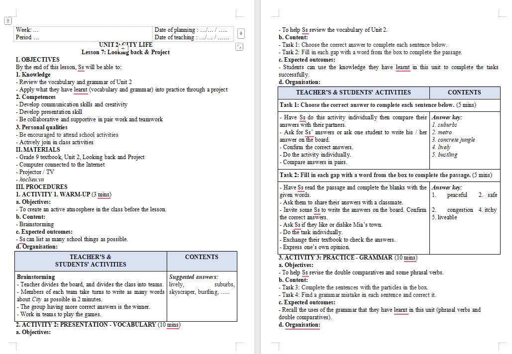Tiếng Anh 9 Unit 2 Looking Back