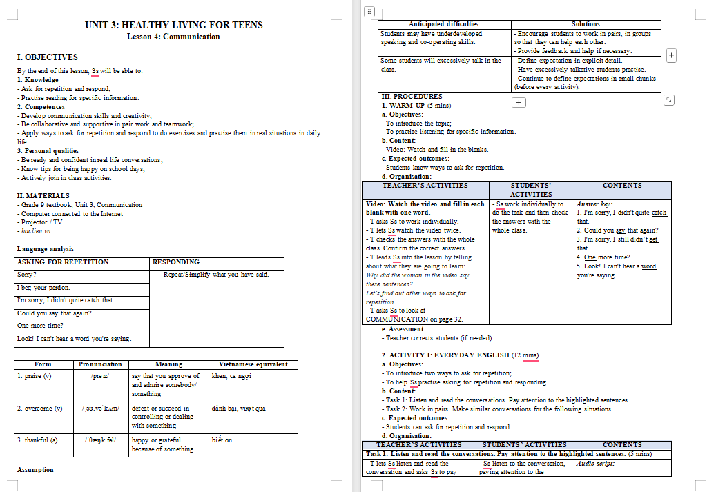 Tiếng Anh 9 Unit 3 Communication