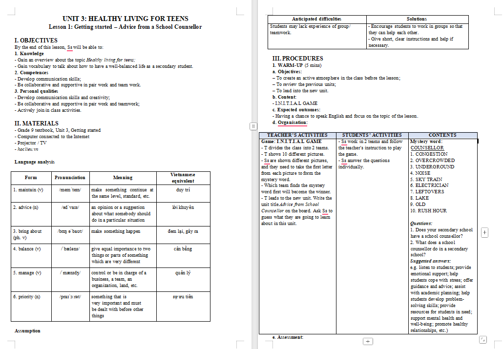Tiếng Anh 9 Unit 3 Getting Started