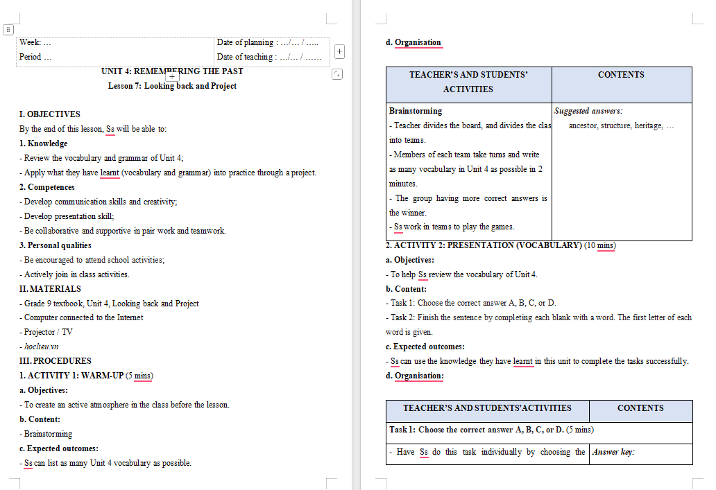 Tiếng Anh 9 Unit 4 Looking Back