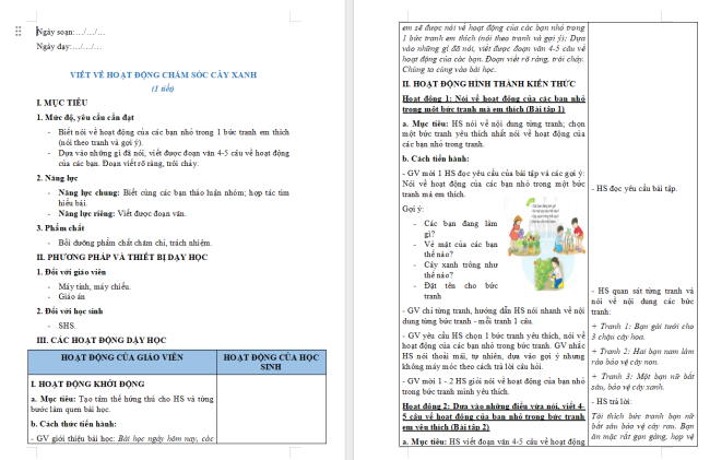 Giáo án Tiếng Việt 2 Bài 22: Viết về hoạt động chăm sóc cây xanh