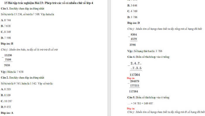 Trắc nghiệm Toán 4 Kết nối tri thức Bài 23: Phép trừ các số có nhiều chữ số