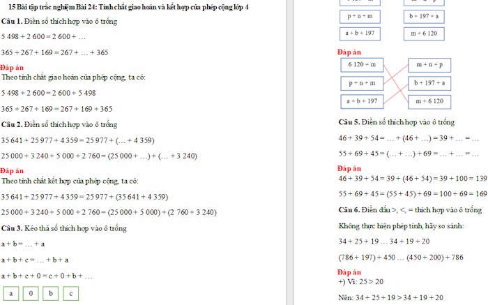 Trắc nghiệm Toán 4 Kết nối tri thức Bài 24: Tính chất giao hoán và kết hợp của phép cộng