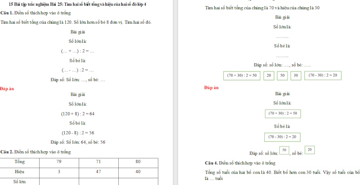Trắc nghiệm Toán 4 Kết nối tri thức Bài 25: Tìm hai số biết tổng và hiệu của hai số đó
