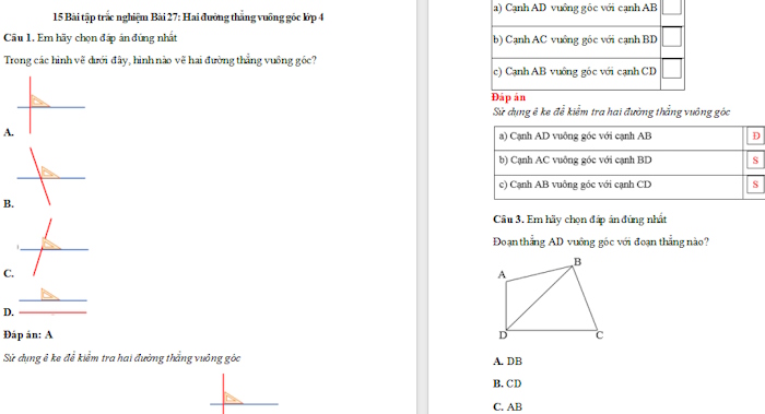 Trắc nghiệm Toán 4 Kết nối tri thức Bài 27: Hai đường thẳng vuông góc
