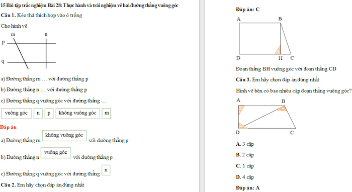 Trắc nghiệm Toán 4 Kết nối tri thức Bài 28: Thực hành và trải nghiệm vẽ hai đường thẳng vuông góc