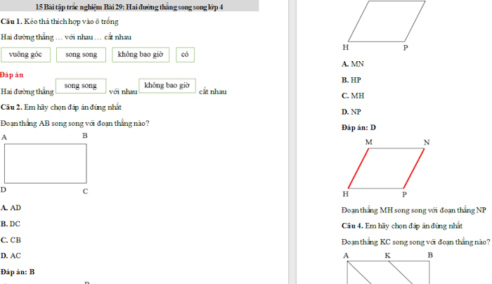 Trắc nghiệm Toán 4 Kết nối tri thức Bài 30: Thực hành và trải nghiệm vẽ hai đường thẳng song song