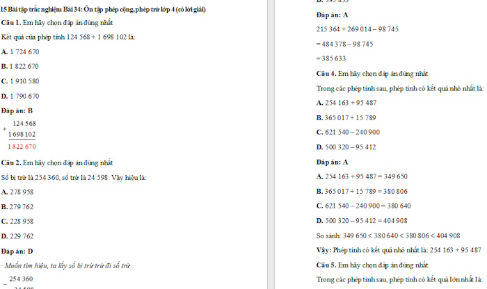 Trắc nghiệm Toán 4 Kết nối tri thức Bài 34: Ôn tập phép cộng, phép trừ