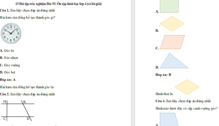 Trắc nghiệm Toán 4 Kết nối tri thức Bài 35: Ôn tập hình học