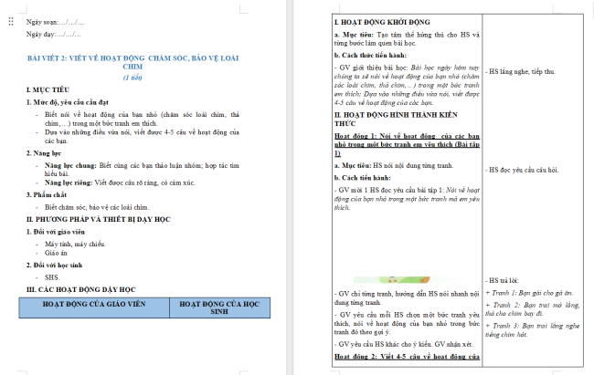 Giáo án Tiếng Việt 2 Bài 24: Viết về hoạt động chăm sóc, bảo vệ loài chim