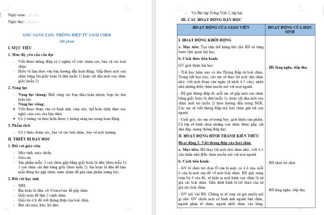 Giáo án Tiếng Việt 2 Bài 24: Thông điệp từ loài chim