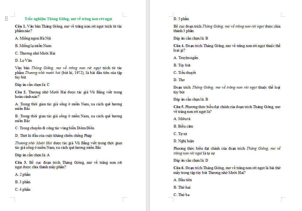 Ngữ văn 7: Tháng Giêng mơ về trăng non rét ngọt