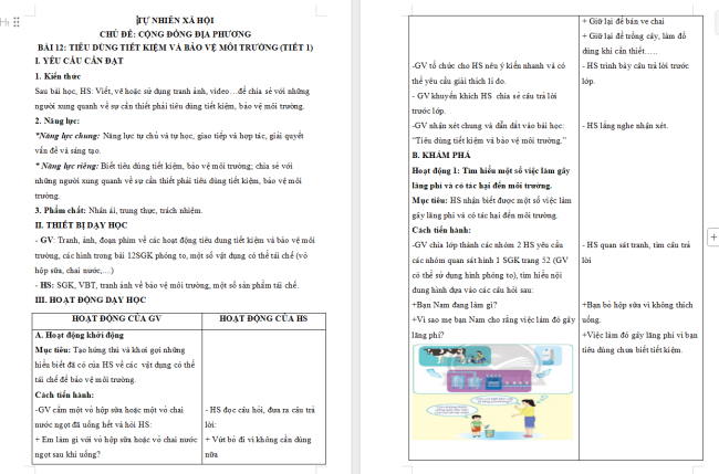 Giáo án Tự nhiên và xã hội 3 Bài 12: Tiêu dùng tiết kiệm và bảo vệ môi trường