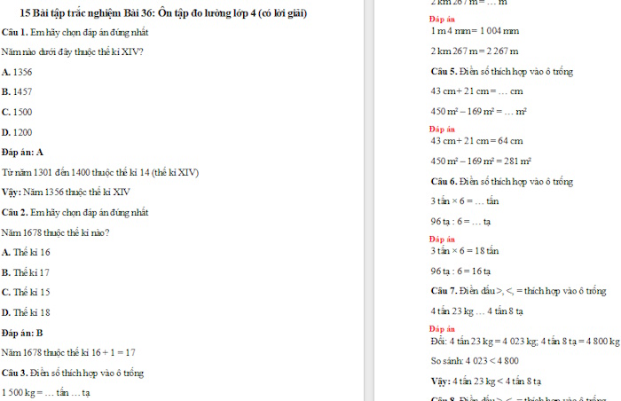 Trắc nghiệm Toán 4 Kết nối tri thức Bài 36: Ôn tập đo lường
