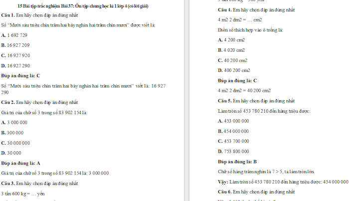 Trắc nghiệm Toán 4 Kết nối tri thức Bài 37: Ôn tập chung