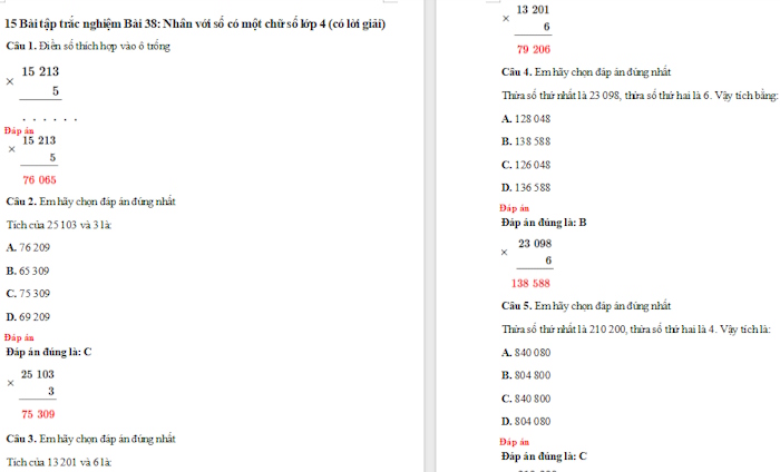 Trắc nghiệm Toán 4 Kết nối tri thức Bài 38: Nhân với số có một chữ số