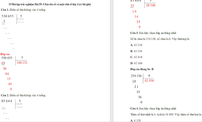Trắc nghiệm Toán 4 Kết nối tri thức Bài 39: Chia cho số có một chữ số