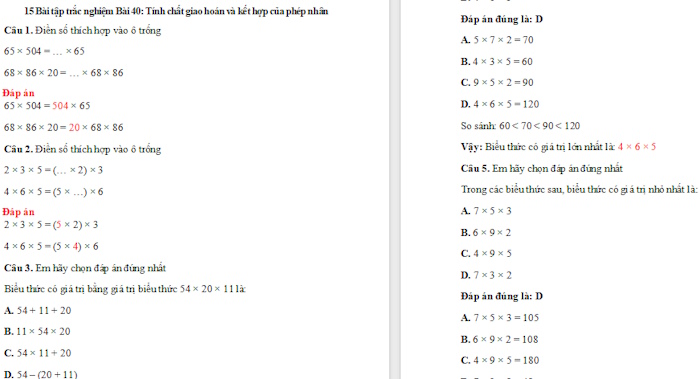 Trắc nghiệm Toán 4 Kết nối tri thức Bài 40: Tính chất giao hoán và kết hợp của phép nhân