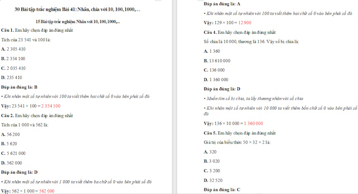 Trắc nghiệm Toán 4 Kết nối tri thức Bài 41: Nhân, chia với 10, 100, 1 000, ...