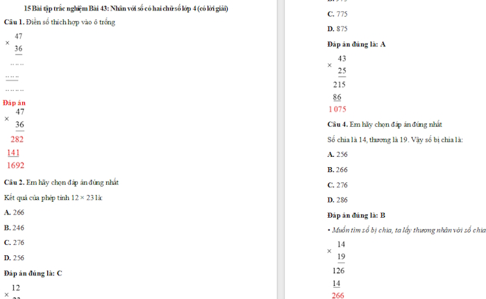 Trắc nghiệm Toán 4 Kết nối tri thức Bài 43: Nhân với số có hai chữ số