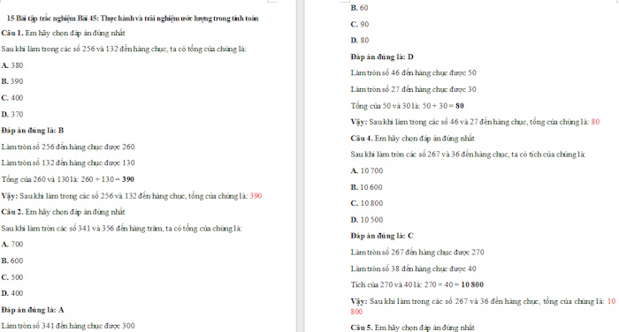 Trắc nghiệm Toán 4 Kết nối tri thức Bài 45: Thực hành và trải nghiệm ước lượng trong tính toán