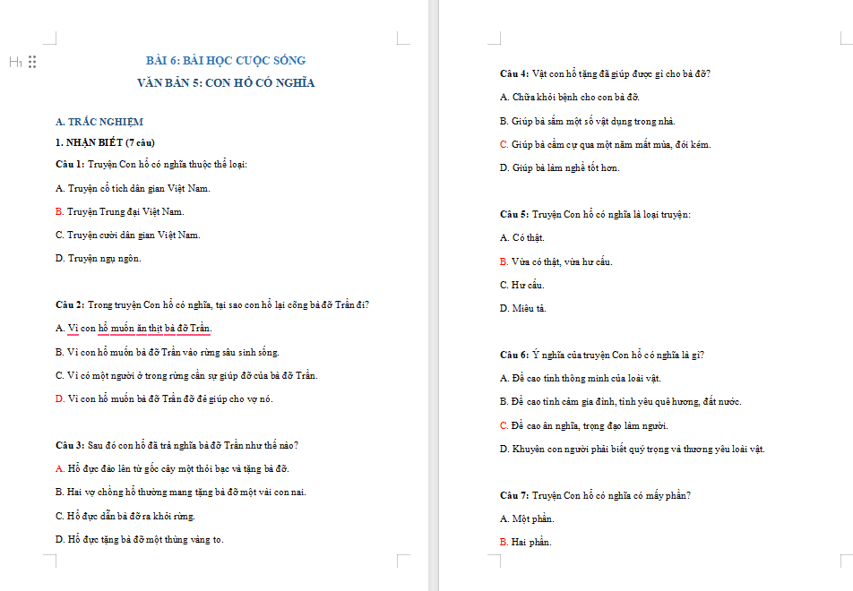 Ngữ văn 7 Bài 6: Con hổ có nghĩa