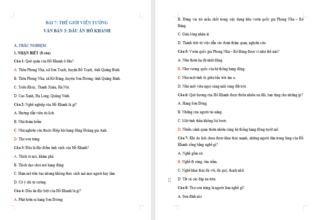 Ngữ văn 7 Bài 7: Dấu ấn Hồ Khanh