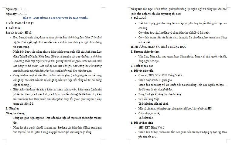 Giáo án Tiếng Việt 5 Bài 21: Anh hùng Lao động Trần Đại Nghĩa