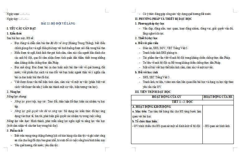 Giáo án Tiếng Việt 5 Bài 22: Bộ đội về làng