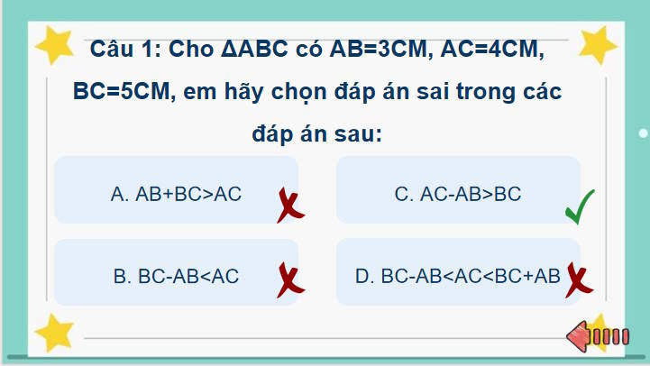 Toán 7 Bài 33: Quan hệ giữa ba cạnh của một tam giác