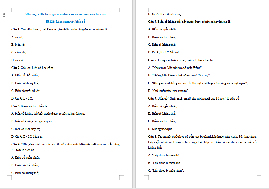 Toán 7 Bài 29: Làm quen với biến cố