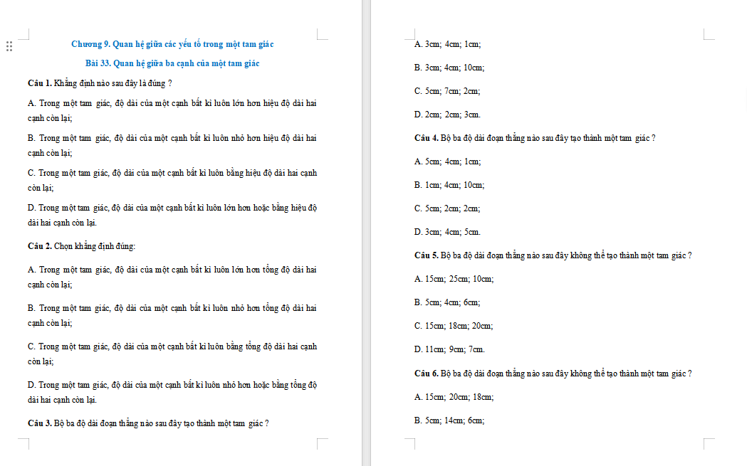 Toán 7 Bài 33: Quan hệ giữa ba cạnh của một tam giác