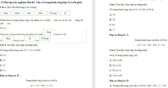 Trắc nghiệm Toán 4 Bài 46: Tìm số trung bình cộng