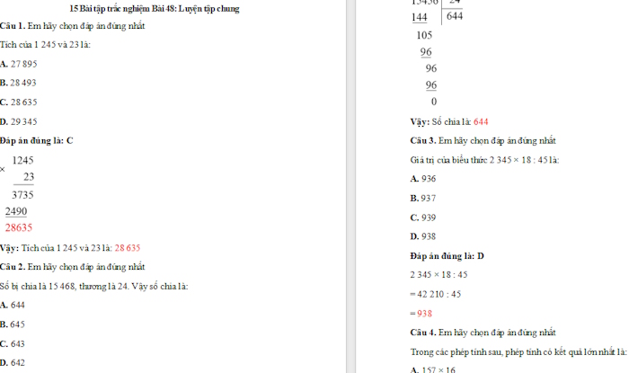 Trắc nghiệm Toán 4 Bài 48: Luyện tập chung