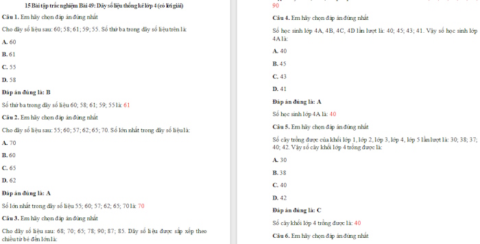 Trắc nghiệm Toán 4 Bài 49: Dãy số liệu thống kê