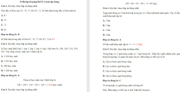 Trắc nghiệm Toán 4 Bài 52: Luyện tập chung