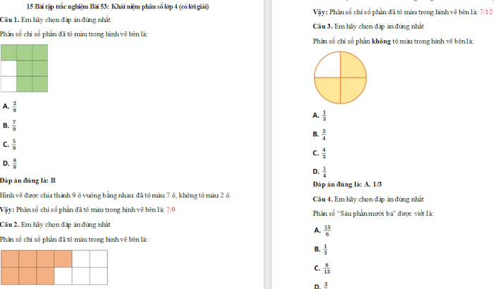 Trắc nghiệm Toán 4 Bài 53: Khái niệm phân số