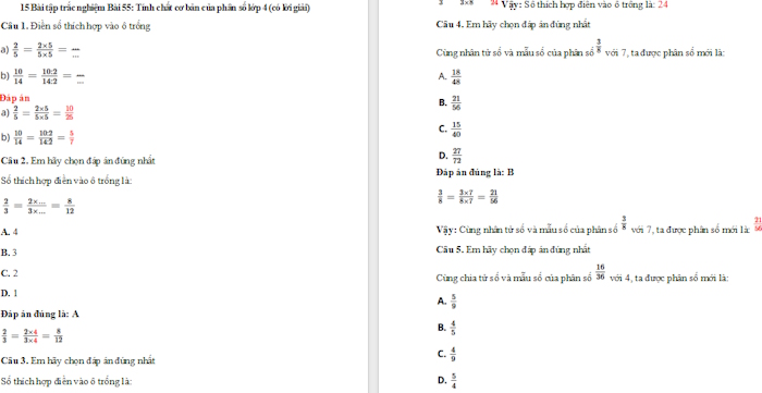 Trắc nghiệm Toán 4 Bài 55: Tính chất cơ bản của phân số